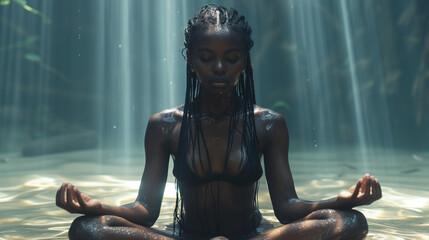 Black woman meditating in a lotus position underwater in the sea on the ocean floor sand