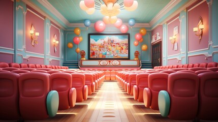 Wall Mural - Red velvet theater seats in a pastel pink and blue retro cinema with a vintage cityscape painting on the wall