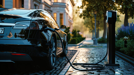 Wall Mural - Embracing sustainability, this image showcases an electric car being charged at its dedicated home