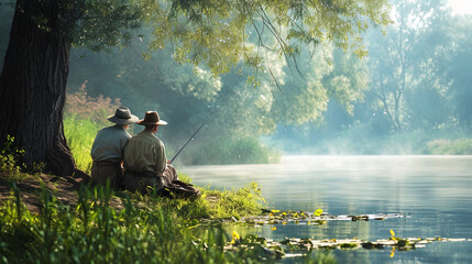 Wall Mural - Enjoying a peaceful day by the river, the older couple engages in a shared fishing experience for