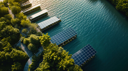 Wall Mural - Looking down from above, a solar park afloat is visible, collecting energy from the water's surfac