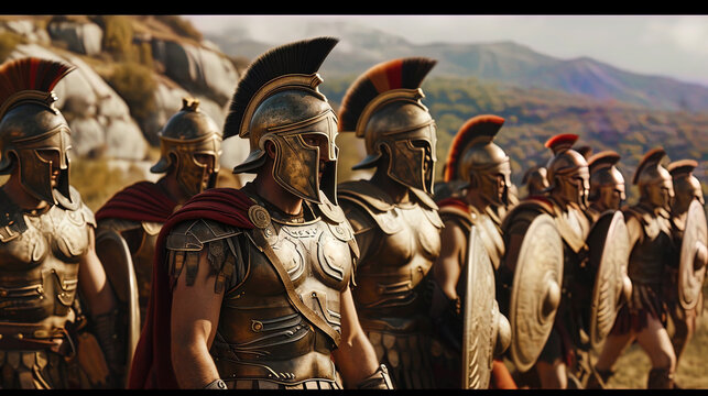 Spartans, draped in iconic armor, move in lockstep formation, embodying discipline and military pr