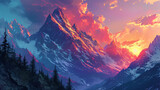 Fototapeta Do pokoju - The colors of the setting sun dance across the mountain peaks in this illustration painting, creat