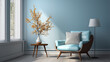 Light stylish furniture, blue or green armchair with decorative pillow, home style