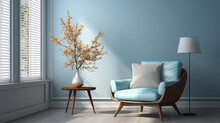 Light Stylish Furniture, Blue Or Green Armchair With Decorative Pillow, Home Style