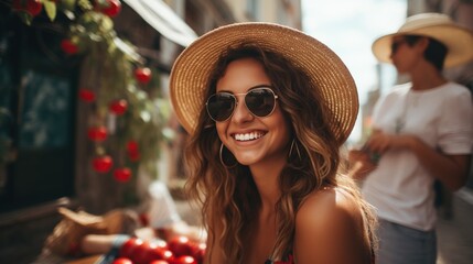 Smiling woman wearing a straw hat and sunglasses