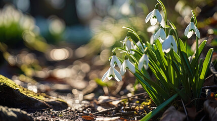 Wall Mural - The soft glow of sunlight enhances the beauty of white snowdrop flowers as they bloom in an outdoo