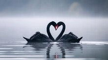 Two Black Swans Kissing And Making The Shape Of A Heart, On A Lake