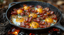 Camping Breakfast With Bacon And Eggs In A Cast Iron Skillet. Fried Eggs In The Forest. Food At The Camp. Picnic