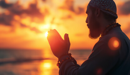 Wall Mural - Muslim man with rosary beads praying at sunset on ocean background