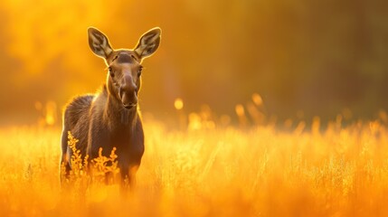 Sticker - A deer standing in a field of tall grass with the sun behind it, AI