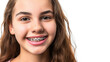 © Julia Zarubina - young smiling girl with metal braces on her teeth, bite correction, orthodontist, health, medicine, dentistry, oral cavity, straight, white, portrait, mouth, person, people, treatment, beauty, smile