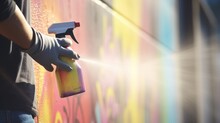 Closeup Of A Spray Bottle Being Used To Clean Graffiti Off Of A Building By A Volunteer.