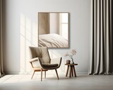 Fototapeta Panele - Comfy chair in a bright room with a large painting of a bed on the wall