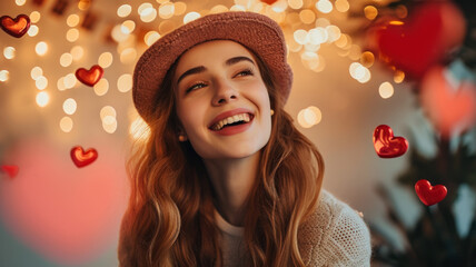 Wall Mural - Portrait of happy young woman celebrating Valentine`s Day, adult girl having fun with small heart shapes on bokeh lights background. Concept of love, party, people, design