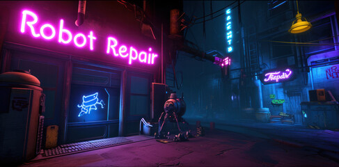 Wall Mural - Cyberpunk city street with neon sign of robot repair store,  gloomy dark alley at night. Scene with grungy buildings and blue purple light. Concept of dystopia, technology and future