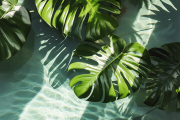 Tropical Monstera Leaves Casting Shadows on Tranquil Water Surface, Nature Aesthetics and Zen Concept