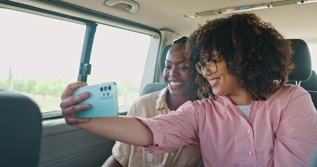 Wall Mural - Selfie, social media and friends in car for road trip, travel or journey together on summer vacation. Smile, profile picture and pout with young women on mobile app in vehicle for holiday transport