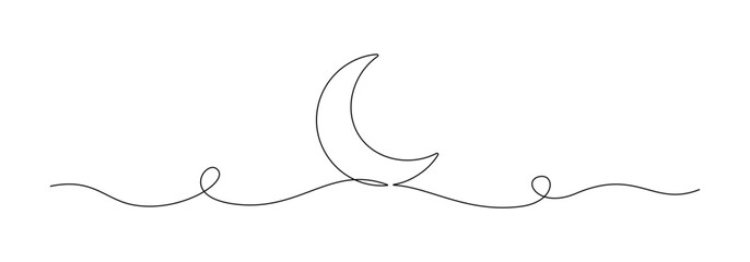 Fototapete - One continuous line drawing of Moon. Ramadan Kareem banner in simple linear style. Sleep symbol with crescent in Editable stroke. Doodle flourish vector illustration