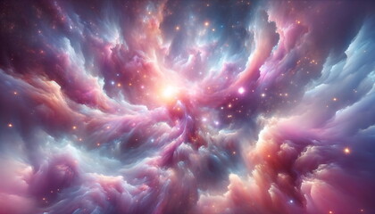 Wall Mural - A Symphony of Abstract Starlight and Pastel Nebulae. Abstract starlight weaves through pink and purple clouds of stardust. Space background