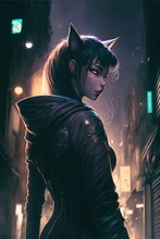 A Girl With Cat Ears In A Cyberpunk City. 