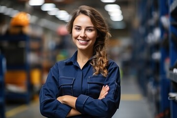 Portrait of a smiling female worker in a blue uniform standing in a warehouse