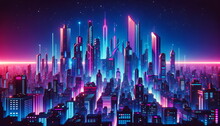 Synthwave Retro-futuristic Cyberpunk Style City Landscape With Clouds Background. Bright Neon Pink And Blue Colors.