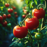 Fototapeta  - Trzy czerwone dojrzewające w słońcu pomidory wiszące na krzaku, ułożone schodkowo, w szklarni.