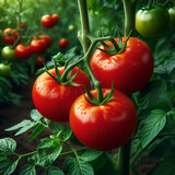 Fototapeta  - Kiść trzech dorodnych dojrzałych pomidorów na krzaku . W tle inne zdrowe, soczyście zielone krzaki z pomidorami w różnym stopniu dojrzałości.