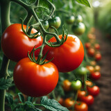 Fototapeta  - Kiść trzech dorodnych dojrzałych pomidorów na krzaku w szklarni. W tle inne krzaki z pomidorami w różnym stopniu dojrzałości biegnące wzdłuż ścieżki