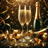 Fototapeta  - Dwa pełne kieliszki szampana za nimi dwie butelki szampana na czarnym tle z złotymi wstążkami, iskierkami i konfetti. 