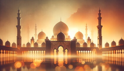 Wall Mural - The elegance of a mosque in broad, warm tones of oranges, yellows, and golds. The mosque's graceful silhouettes are elegantly outlined against a vast, warm-colored backdrop.