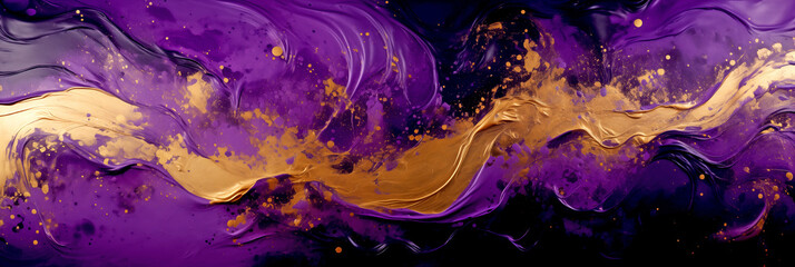 Canvas Print - Golden Flowing Wave with Golden Splashes on Purple Background
