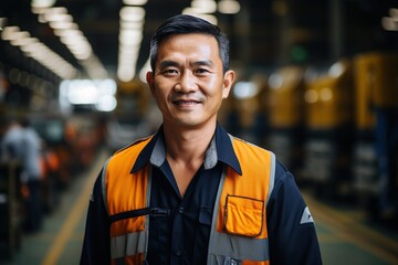 Wall Mural - Portrait of a happy Asian male worker in a factory