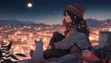 Lofi Animation. Seamless Loop. Girl And Cats Are On The Roof. Assets Were Created With The Help Of An AI And Then Were Manually Modified And Animated.