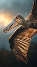Close-up View Of A Pterodactyl, Highlighting Its Features With A Focus On Its Beak And Eyes Against A Blurred Background.