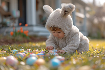 Little beautiful child in a bunny costume collects colorful eggs, easter concept
