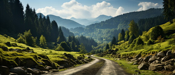 Countryside dirt road through green valley