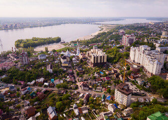 Wall Mural - Aerial view of modern Voronezh cityscape on banks of Voronezh river, Russia..