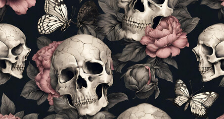 Wall Mural - Skulls and roses on a black background with a white rose, A black background with skulls and roses, Photo skull and roses watercolor pattern.