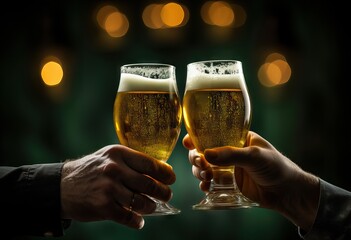 Two mans holding a glass with cold fresh beer on blurred green background. Oktoberfest and St. Patrick's day celebration in a pub or bar. Card, banner, poster, flyer with copy space