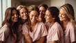 Happy female nurses in pink scrubs