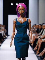 Futuristic Elegance: Cyborg Runway Showcase. Female mannequin on the catwalk wearing elegant attire. Mannequin comes to life