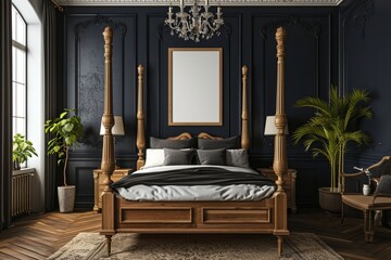 Wall Mural - Classic English bedroom with a four-poster oak bed, pastoral landscapes, and a blank mockup frame on a royal navy wall
