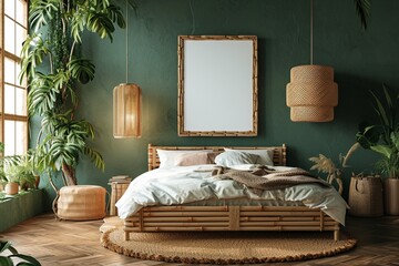 Wall Mural - Eco-friendly bedroom with a bamboo bed, recycled materials, and a blank mockup frame on an earth green wall