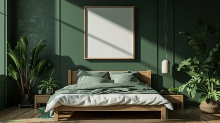 Wall Mural - Eco-friendly green bedroom with a sustainable material bed, nature-inspired art, and a blank mockup frame on an eco green wall