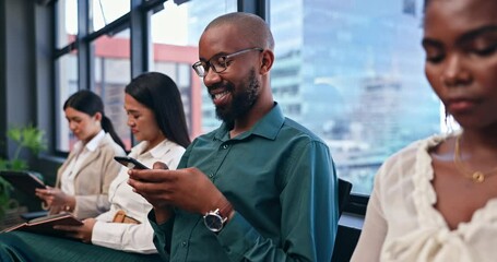 Aufkleber - Happy man, phone and waiting at office for networking, social media or communication. Male person or intern typing on mobile smartphone for online search, chatting or texting while sitting in row