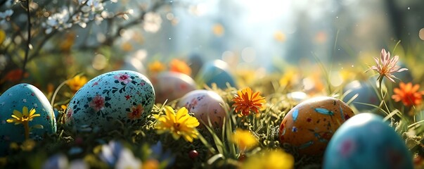 Wall Mural - easter eggs in grass