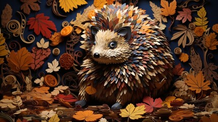 Sticker - Adorable Hedgehog Amidst Vibrant Autumn Foliage in a Whimsical Forest Setting - AI-Generative