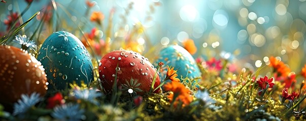 Wall Mural - easter eggs in grass